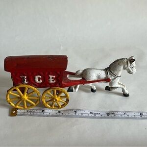 Vintage Cast Iron Horse Drawn Carriage Ice Cart Truck Wagon Red White 8”